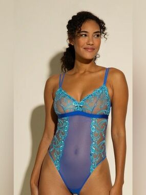 Cosabella Blue and Teal Sheer Lace Bodysuit Chemise